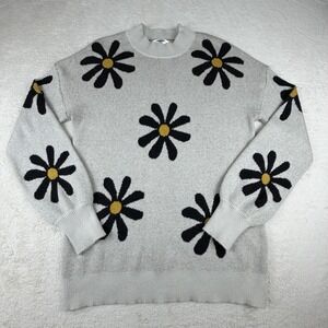 Zeagoo Daisy Floral Knit Sweater Womens M Cream Crewneck Cozy Cottagecore Y2K